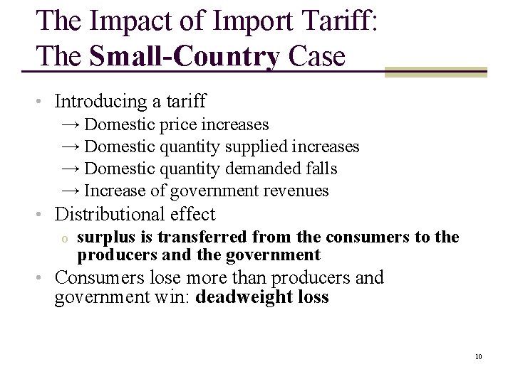 The Impact of Import Tariff: The Small-Country Case • Introducing a tariff → Domestic The Impact of Import Tariff: The Small-Country Case • Introducing a tariff → Domestic