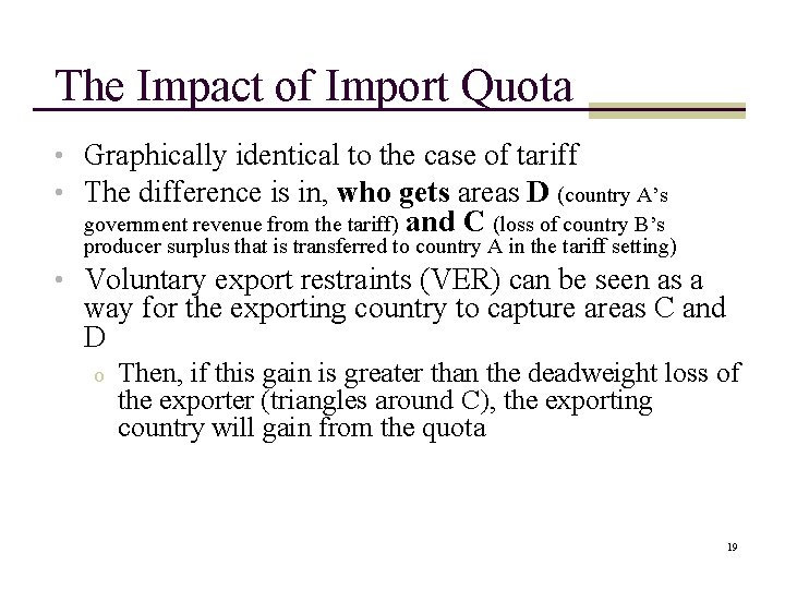 The Impact of Import Quota • Graphically identical to the case of tariff • The Impact of Import Quota • Graphically identical to the case of tariff •