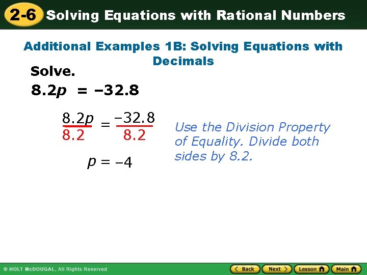 2 -6 Solving Equations with Rational Numbers Additional Examples 1 B: Solving Equations with