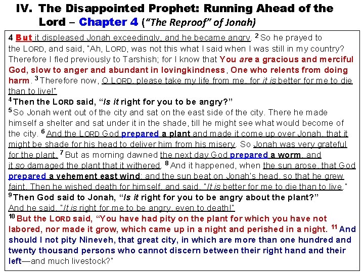 IV. The Disappointed Prophet: Running Ahead of the Lord – Chapter 4 (“The Reproof”