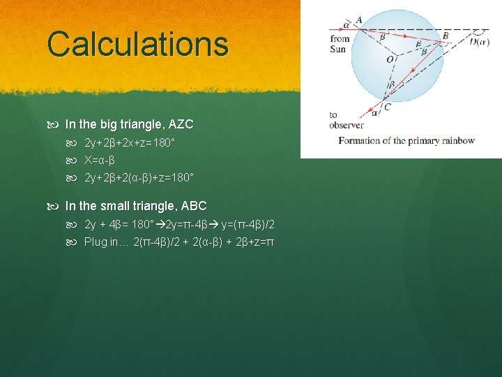 Calculations In the big triangle, AZC 2 y+2β+2 x+z=180° X=α-β 2 y+2β+2(α-β)+z=180° In the