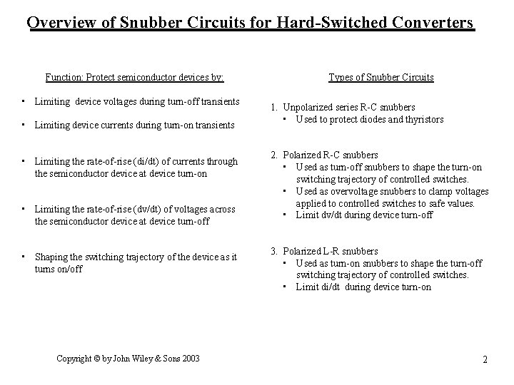Overview of Snubber Circuits for Hard-Switched Converters Function: Protect semiconductor devices by: • Limiting Overview of Snubber Circuits for Hard-Switched Converters Function: Protect semiconductor devices by: • Limiting