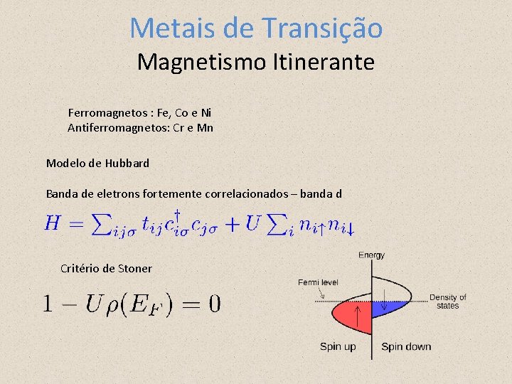 Metais de Transição Magnetismo Itinerante Ferromagnetos : Fe, Co e Ni Antiferromagnetos: Cr e