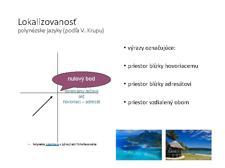 Lokalizovanosť polynézske jazyky (podľa V. Krupu) • výrazy označujúce: • priestor blízky hovoriacemu nulový