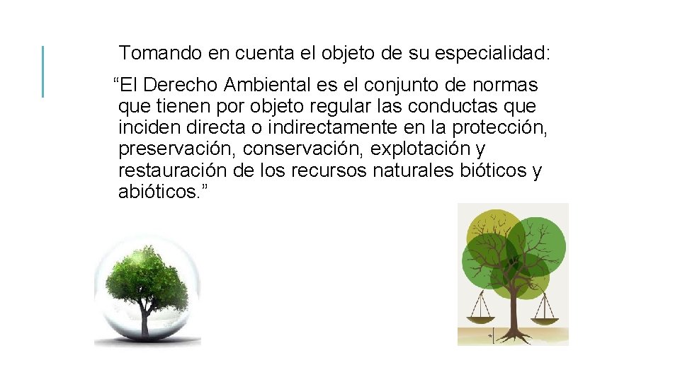 Tomando en cuenta el objeto de su especialidad: “El Derecho Ambiental es el conjunto