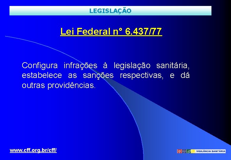 LEGISLAÇÃO Lei Federal n° 6. 437/77 Configura infrações à legislação sanitária, estabelece as sanções