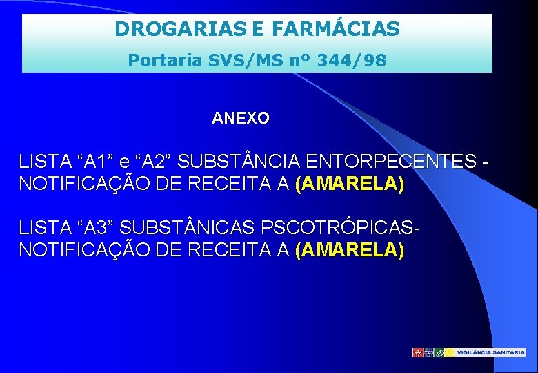 DROGARIAS E FARMÁCIAS Portaria SVS/MS nº 344/98 ANEXO LISTA “A 1” e “A 2”