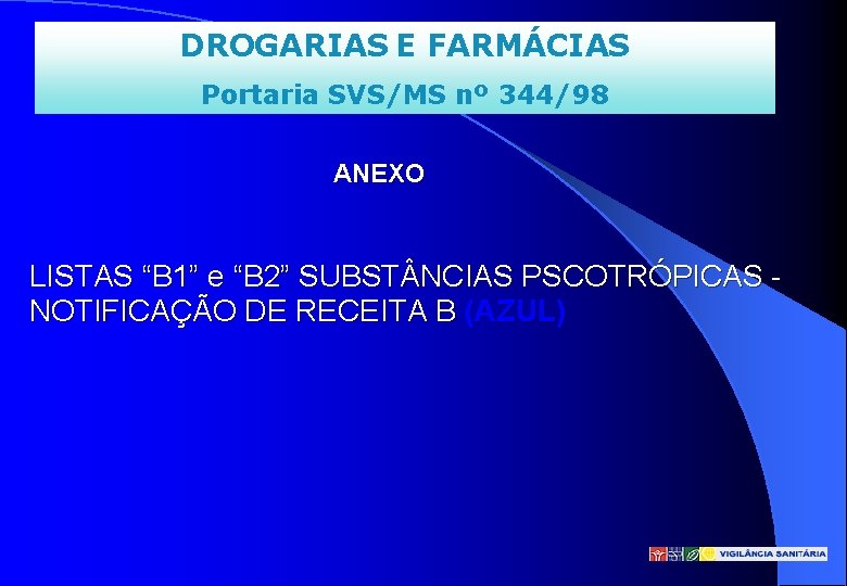 DROGARIAS E FARMÁCIAS Portaria SVS/MS nº 344/98 ANEXO LISTAS “B 1” e “B 2”