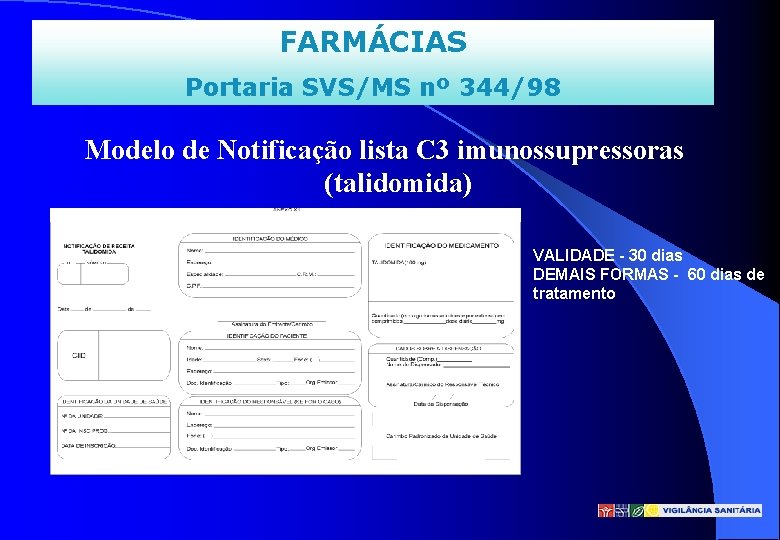 FARMÁCIAS Portaria SVS/MS nº 344/98 Modelo de Notificação lista C 3 imunossupressoras (talidomida) VALIDADE