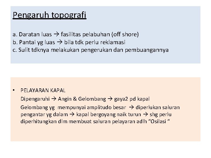 Pengaruh topografi a. Daratan luas fasilitas pelabuhan (off shore) b. Pantai yg luas bila