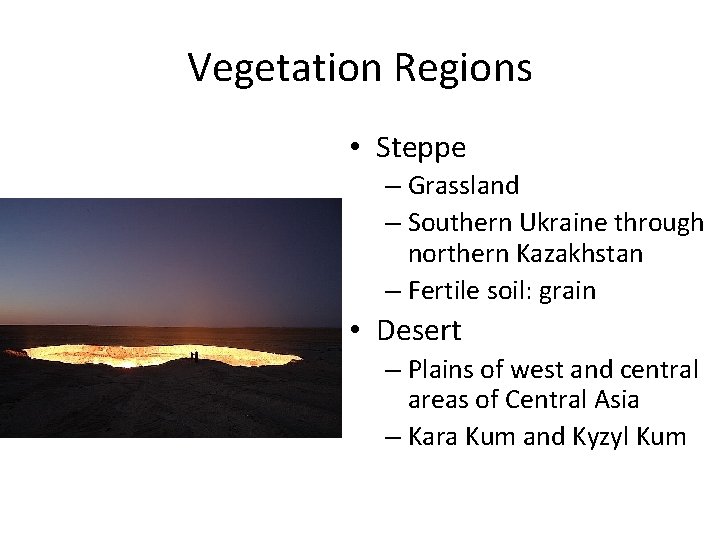 Vegetation Regions • Steppe – Grassland – Southern Ukraine through northern Kazakhstan – Fertile