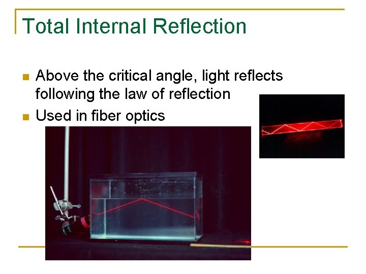 Total Internal Reflection n n Above the critical angle, light reflects following the law