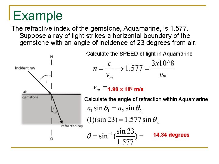 Example The refractive index of the gemstone, Aquamarine, is 1. 577. Suppose a ray