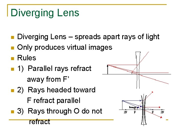 Diverging Lens n n n Diverging Lens – spreads apart rays of light Only