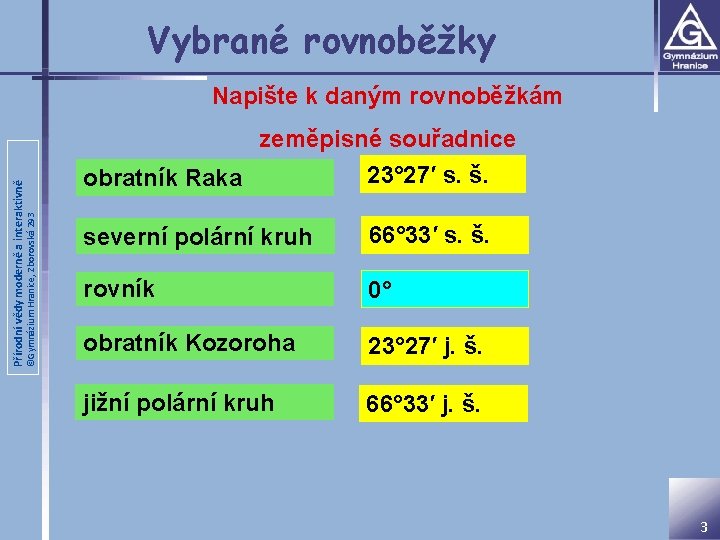 Vybrané rovnoběžky ©Gymnázium Hranice, Zborovská 293 Přírodní vědy moderně a interaktivně Napište k daným