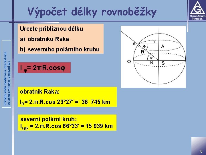 Výpočet délky rovnoběžky Určete přibližnou délku ©Gymnázium Hranice, Zborovská 293 Přírodní vědy moderně a