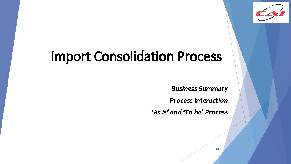 Import Consolidation Process Business Summary Process Interaction ‘As is’ and ‘To be’ Process 10