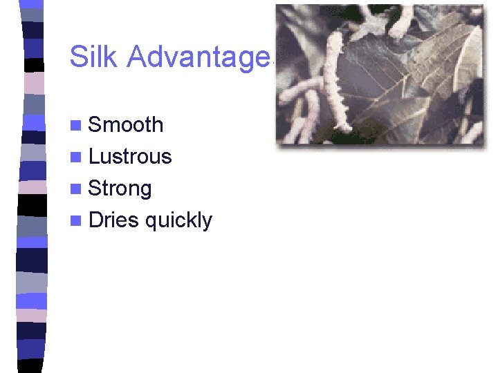 Silk Advantages n Smooth n Lustrous n Strong n Dries quickly 