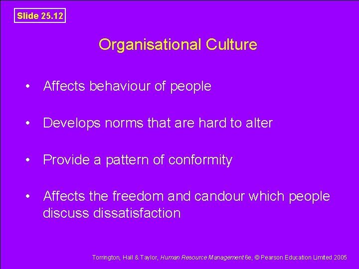 Slide 25. 12 Organisational Culture • Affects behaviour of people • Develops norms that