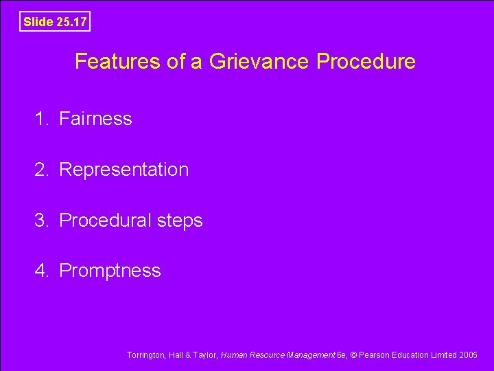 Slide 25. 17 Features of a Grievance Procedure 1. Fairness 2. Representation 3. Procedural
