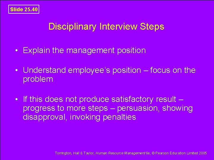 Slide 25. 40 Disciplinary Interview Steps • Explain the management position • Understand employee’s