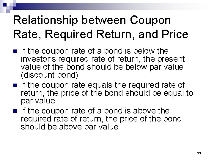 Relationship between Coupon Rate, Required Return, and Price n n n If the coupon