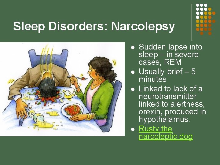 Sleep Disorders: Narcolepsy l l Sudden lapse into sleep – in severe cases, REM