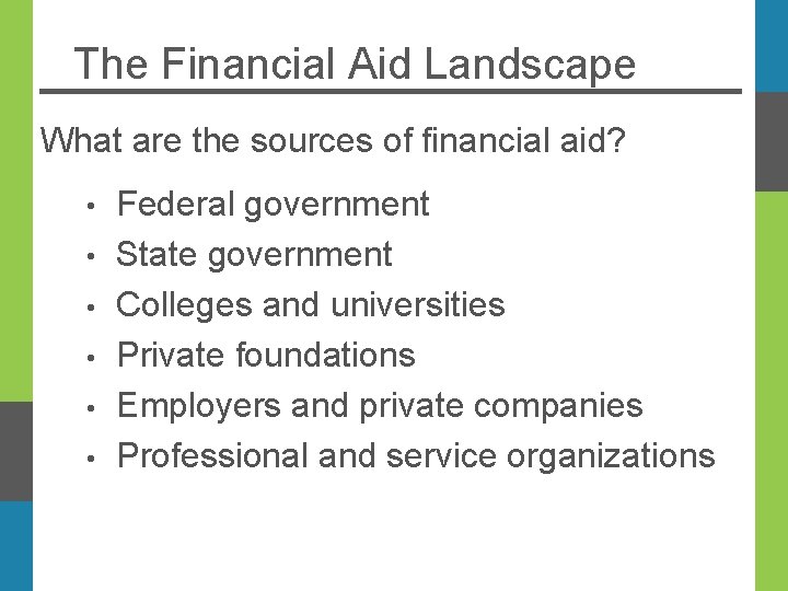 The Financial Aid Landscape What are the sources of financial aid? Federal government •