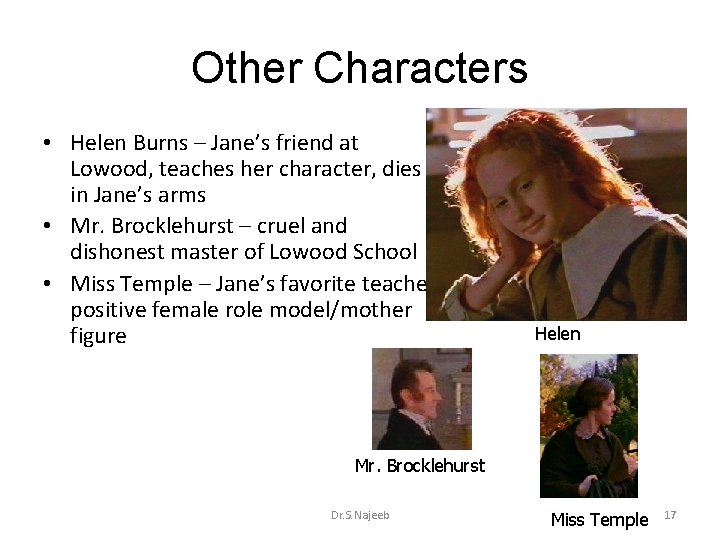 Other Characters • Helen Burns – Jane’s friend at Lowood, teaches her character, dies