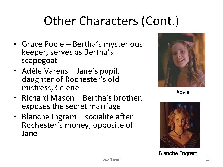 Other Characters (Cont. ) • Grace Poole – Bertha’s mysterious keeper, serves as Bertha’s