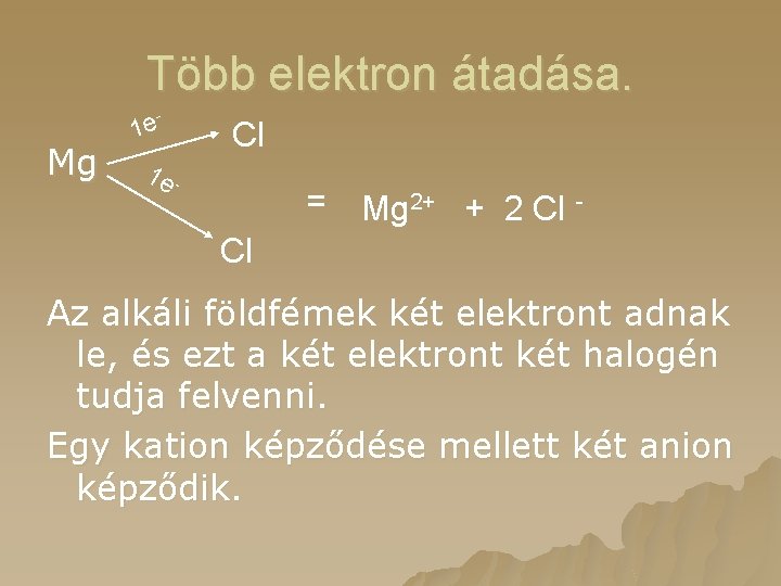 Több elektron átadása. - Mg 1 e Cl 1 e - = Mg 2+
