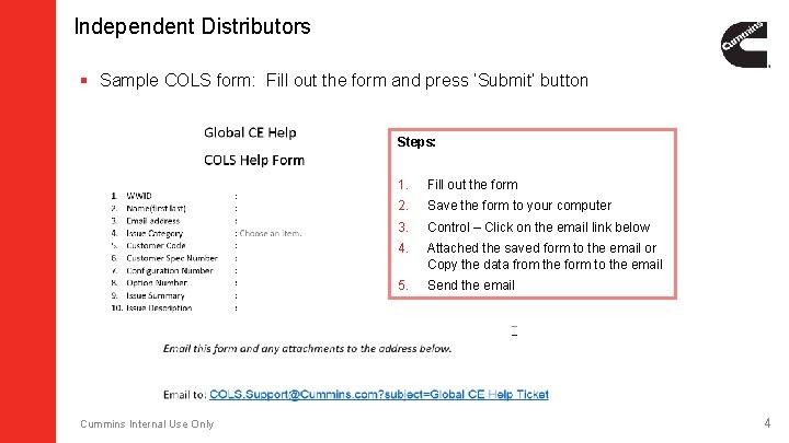 Independent Distributors § Sample COLS form: Fill out the form and press ‘Submit’ button