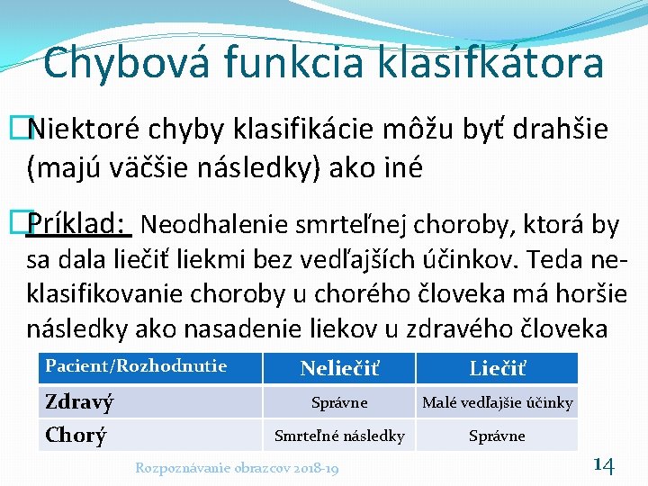 Chybová funkcia klasifkátora �Niektoré chyby klasifikácie môžu byť drahšie (majú väčšie následky) ako iné