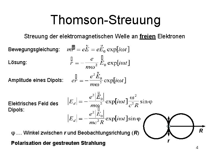 Thomson-Streuung der elektromagnetischen Welle an freien Elektronen Bewegungsgleichung: Lösung: Amplitude eines Dipols: Elektrisches Feld