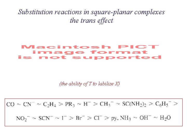 Substitution reactions in square-planar complexes the trans effect (the ability of T to labilize