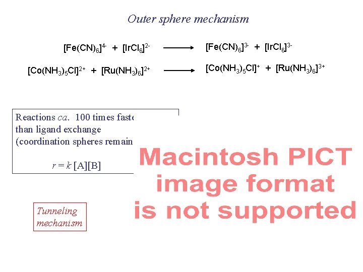 Outer sphere mechanism [Fe(CN)6]4 - + [Ir. Cl 6]2[Co(NH 3)5 Cl]2+ + [Ru(NH 3)6]2+