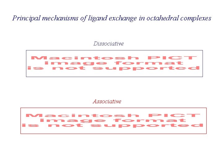 Principal mechanisms of ligand exchange in octahedral complexes Dissociative Associative 