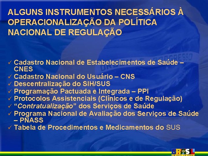 ALGUNS INSTRUMENTOS NECESSÁRIOS À OPERACIONALIZAÇÃO DA POLÍTICA NACIONAL DE REGULAÇÃO ü Cadastro Nacional de ALGUNS INSTRUMENTOS NECESSÁRIOS À OPERACIONALIZAÇÃO DA POLÍTICA NACIONAL DE REGULAÇÃO ü Cadastro Nacional de