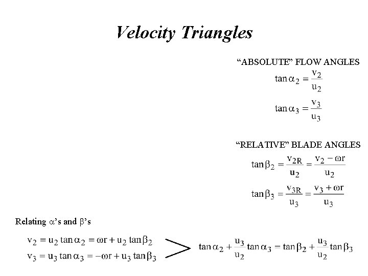 Velocity Triangles “ABSOLUTE” FLOW ANGLES “RELATIVE” BLADE ANGLES Relating a’s and b’s 