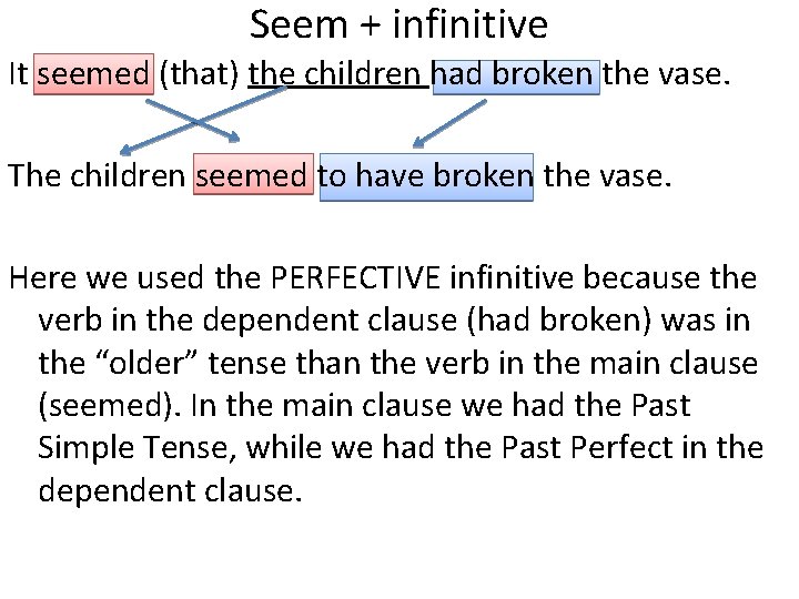 Seem + infinitive It seemed (that) the children had broken the vase. The children