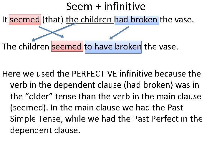 Seem + infinitive It seemed (that) the children had broken the vase. The children Seem + infinitive It seemed (that) the children had broken the vase. The children