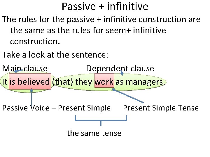 Passive + infinitive The rules for the passive + infinitive construction are the same