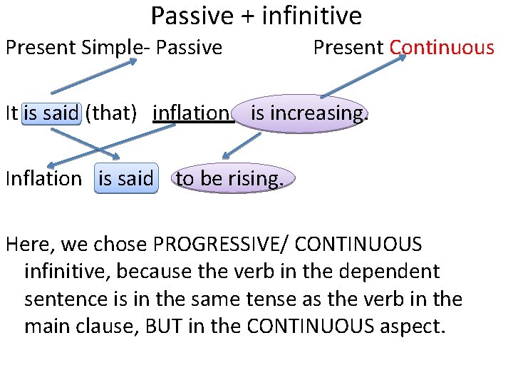 Passive + infinitive Present Simple- Passive Present Continuous It is said (that) inflation is