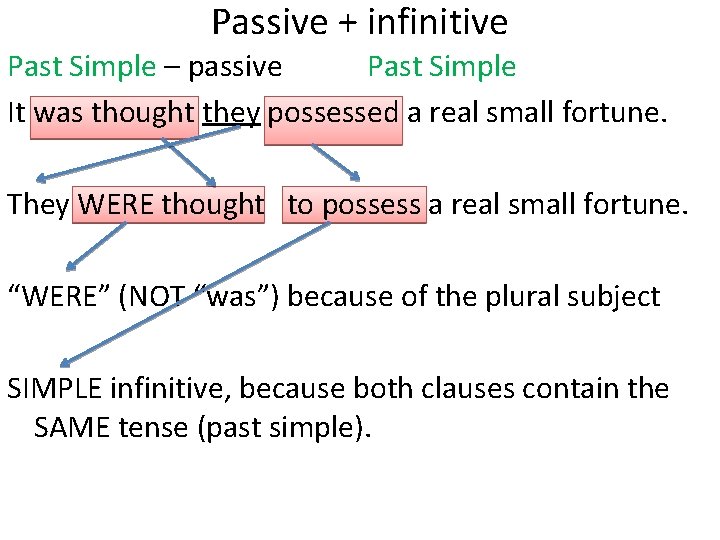 Passive + infinitive Past Simple – passive Past Simple It was thought they possessed