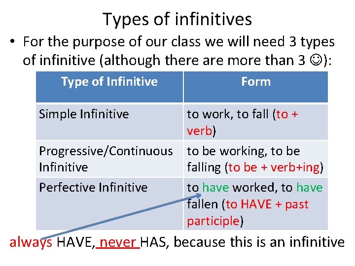 Types of infinitives • For the purpose of our class we will need 3