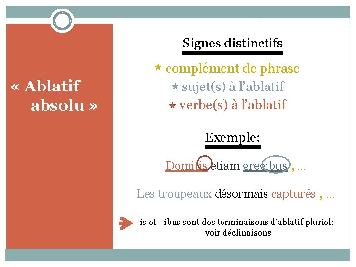 Signes distinctifs « Ablatif absolu » complément de phrase sujet(s) à l’ablatif verbe(s) à