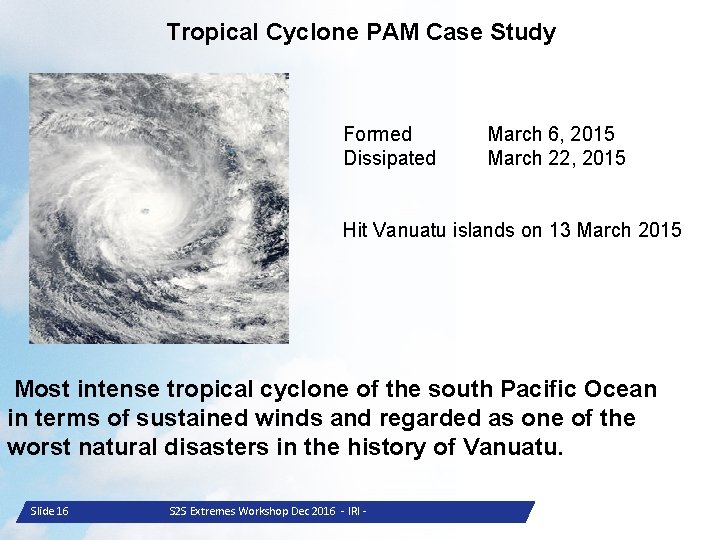 Tropical Cyclone PAM Case Study Formed Dissipated March 6, 2015 March 22, 2015 Hit