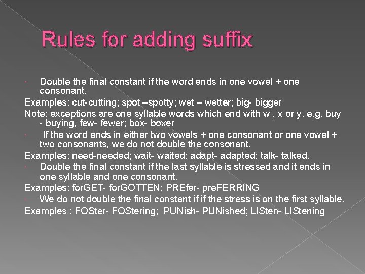 Rules for adding suffix Double the final constant if the word ends in one