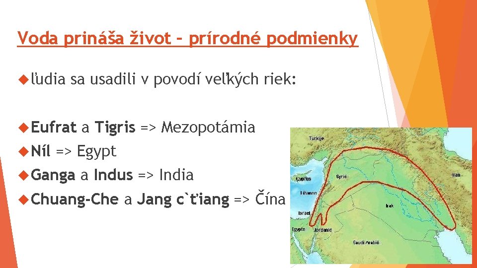 Voda prináša život – prírodné podmienky ľudia sa usadili v povodí veľkých riek: Eufrat