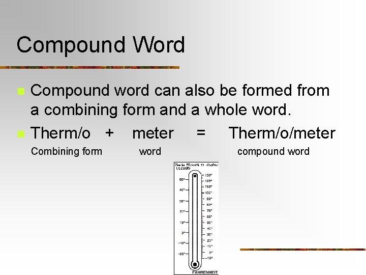Compound Word n n Compound word can also be formed from a combining form